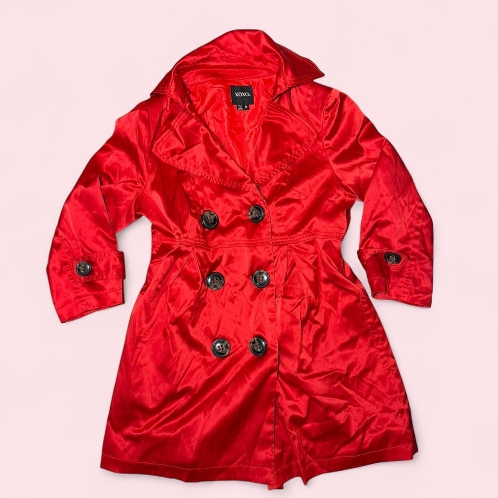 XOXO Red Satin Double Breasted Trench Coat Y2K Retro McBling Medium